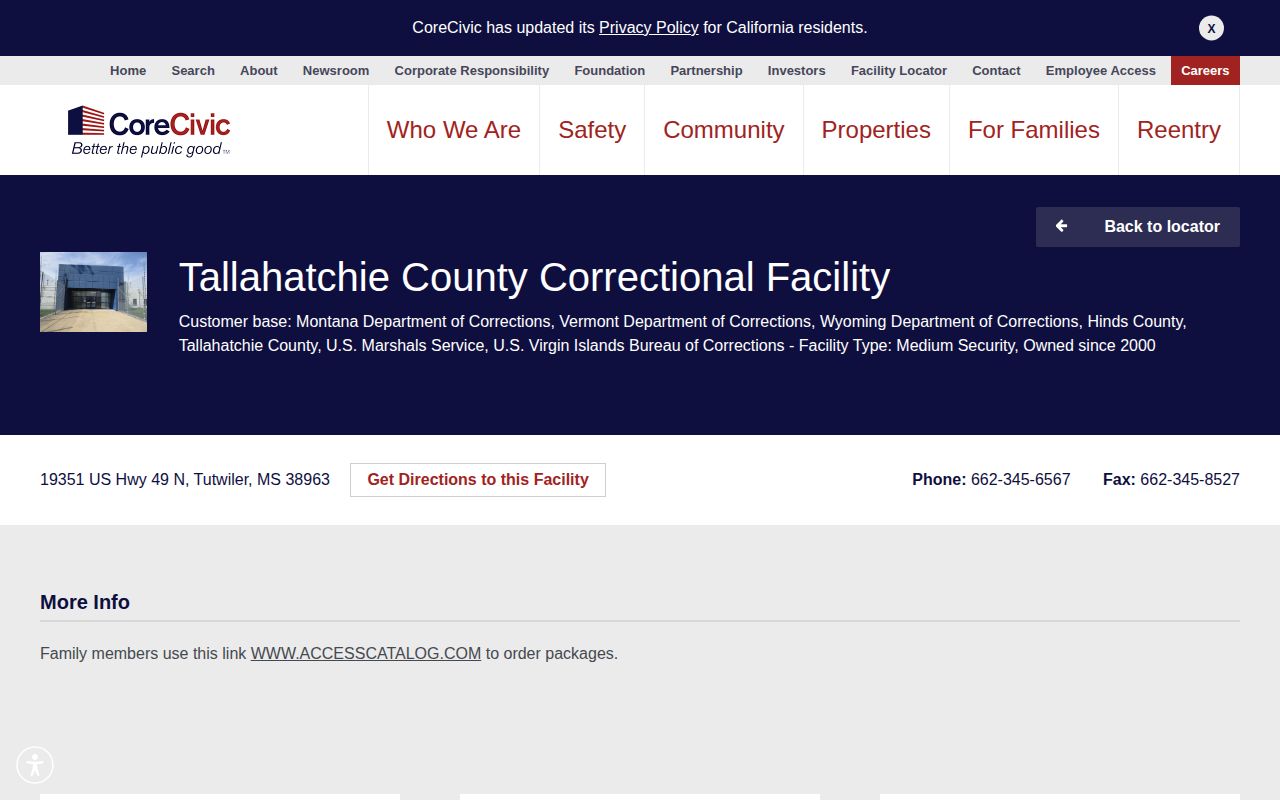 CoreCivic Tallahatchie County Correctional Facility information page